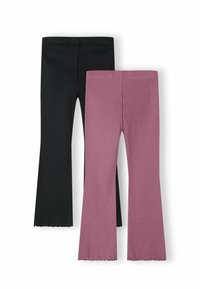 Dve rebraste pletene flare hlače za otroke, ena v črni in ena v mauve barvi, prikazane ravno z valovitimi robovi.