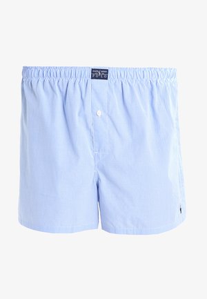 Calções de banho masculinos em padrão xadrez azul e branco, com uma cintura elástica, fecho de botão na frente e um pequeno logo na bainha.