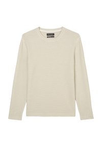Hellbeige Langarmpullover mit Rundhalsausschnitt, leichtem Strickmuster und gerader Passform. Markenlabel im Nacken sichtbar.