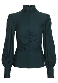 Blouse à manches longues vert foncé avec devant froncé, col montant froncé, manches bouffantes et poignets ajustés.