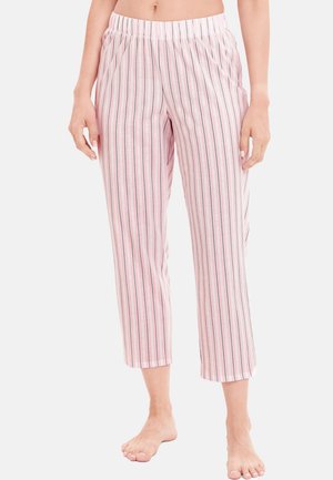 Vaaleanpunaiset raidalliset pyjama-housut, joissa on joustava vyötärö, lyhennetty pituus ja pehmeä, kevyt kangas mustilla ja vihreillä pystysuorilla raidoilla.