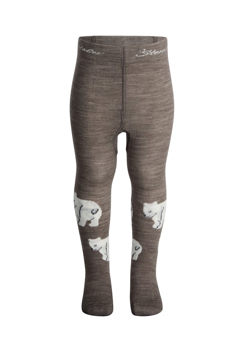 Brown knitted tights featuring white polar bear designs on the legs. Soft texture with a fitted waistband and ribbed patterns.