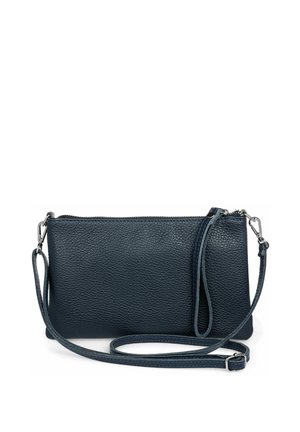 Dunkelblaue Leder-Clutch mit strukturiertem Finish. Sie verfügt über einen Reißverschluss, einen abnehmbaren Schulterriemen und kontrastierende Nähte.