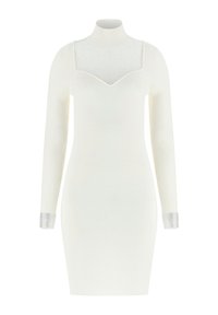 Robe blanche à manches longues côtelées avec un col montant, dotée d'un empiècement transparent à pois et de poignets ornés d'accents argentés. Silhouette ajustée.