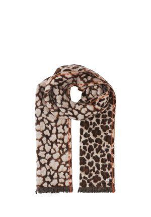 Brown and beige leopard print scarf with orange stitching and fringed ends, folded in a loop on a white background.