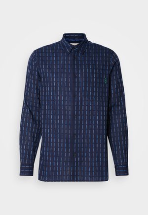 Navy long-sleeve shirt with a horizontal and vertical striped pattern in varying blue tones. Features a collar, front pocket, and button closure.