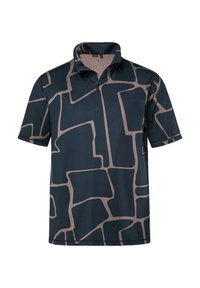 Herren kurzärmeliges navyblaues Hemd mit unregelmäßigem hellbraunem geometrischem Muster und einem Viertelreißverschluss am Kragen.