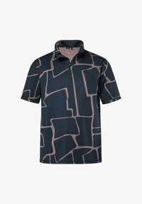 Camisa de manga corta para hombre en color azul marino con patrón geométrico irregular en marrón claro y cuello con cremallera hasta el pecho.