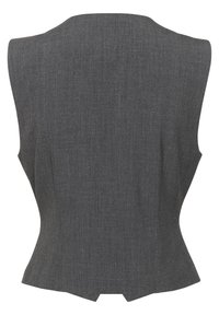 Gilet formel gris foncé, taillé sur mesure, avec légère cintrure à la taille et encoche au centre de l'ourlet arrière, vu de dos.