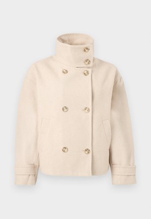 Veste croisée en laine couleur crème avec col montant, six boutons, deux poches latérales et bracelets de manche réglables.