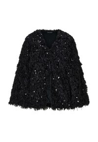 Zwarte, pluizige cape met een V-hals ontwerp, versierd met verspreide pailletten en een gladde binnenvoering. Het heeft een losse, vloeiende vorm.