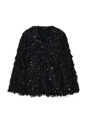 Cape noire et duveteuse avec un design à col en V, ornée de sequins dispersés et d'une doublure intérieure lisse. Elle a une coupe ample et fluide.