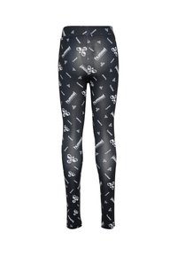 Svarta leggings med ett upprepat vitt mönster av "Hummel"-logotypen och grafiska detaljer. Tillverkade av ett elastiskt tyg med en slät yta.