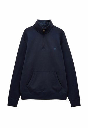 Navyblaues Sweatshirt mit halbem Reißverschluss aus weichem Stoff. Besitzt eine Vorderseite-Tasche und gerippte Bündchen mit einem kleinen Logo auf der Brust.