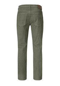 Olive green pants made of cotton blend, featuring two back pockets and a leather patch on the waistband. Straight-leg design with minimal texture.