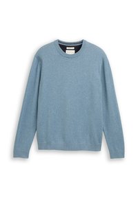 Hellblaues Crewneck-Sweatshirt aus weichem Stoff, mit langen Ärmeln, gerippten Bündchen und einem geraden Saum. Dezentes Markenlogo auf der Vorderseite.