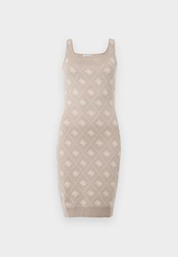 Bēša trikotāžas kleita ar kvadrātveida izgriezumu un plecu siksnām. Izceļas ar dimanta rakstu, smalku logotipa detaļu, piegulošu formu un ribotu apakšmali.