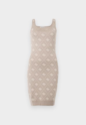 Beżowa sukienka dzianinowa z kwadratowym dekoltem i ramiączkami na ramiona. Posiada wzór w diamenty z subtelnym logo, dopasowany krój oraz prążkowany dół.