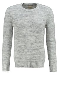 Pull en maille grise avec col rond, tissu texturé, ourlet et poignets côtelés, et un motif chiné subtil sur toute la surface.