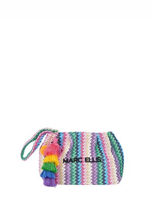 Piccola borsa da polso all'uncinetto multicolore con motivo a zigzag, nappine arcobaleno e "MARC ELLIS" ricamato in nero sul davanti.