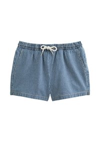 Blå och vita randiga badshorts med elastisk midja, justerbar dragsko och sidofickor. Mjuk tyg med en avslappnad passform.