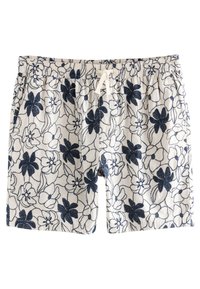 Mænds badebukser i creme med et marineblåt blomstermønster. Elastisk talje med en hvid snøre. Letvægts, tekstureret stof.