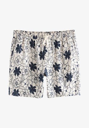 Costume de baie pentru bărbați în crem cu un model floral albastru marin. Banda elastică la talie cu un șnur alb. Material ușor, texturat.