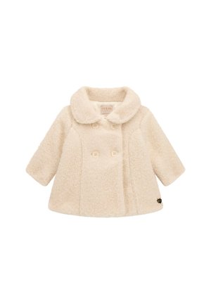 Manteau en laine couleur crème pour tout-petit à double boutonnage, col large et manches longues, avec quatre boutons et un petit logo noir près de l'ourlet.