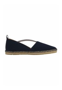Marinblå espadrillos med ovandel i kanvas, elastiskt band och vävd jutesula med zigzag-söm längs kanten. Låg skärning.