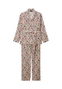 Ensemble de pyjama à motif floral avec un fond crème, manches longues et un pantalon assorti, comprenant un haut à boutons et une taille élastique.