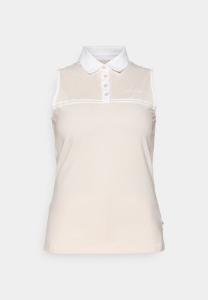 Beige ermeløs polo skjorte med hvit krage, kontrasterende horisontale striper, og fire knappeåpning. Har logo på brystet.