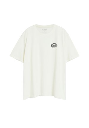 Biały t-shirt z krótkim rękawem z małym czarnym napisem „PARAÍSO SALTY SOUL SURF Lisbon, Portugal” na lewej piersi.