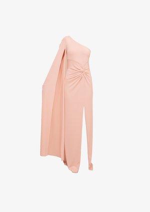One-shoulder pink dress made of smooth fabric, featuring a twisted waist detail and a flowing cape-like sleeve with a thigh-high slit.