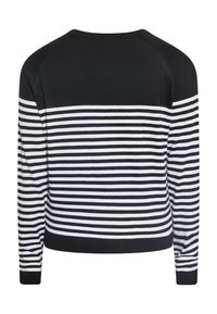 Gestreifter Pullover in Schwarz und Weiß mit Rundhalsausschnitt und langen Ärmeln, gefertigt aus einem weichen Stoff mit gerippten Bündchen und Saum.