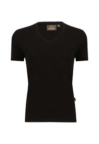 T-shirt nera a maniche corte con scollo a V realizzata in tessuto morbido, con una piccola etichetta logo sul lato sinistro vicino all'orlo. Vestibilità classica.