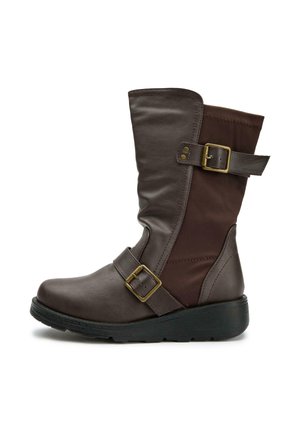 Brown mid-calf boots featuring a combination of leather and fabric. Notable buckles and stitching details; textured surface with a round toe.