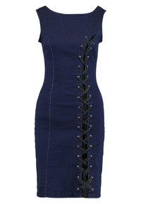 Mörkblå ärmlös klänning med en figurnära passform och svarta snörningsdetaljer längs mitt fram samt en rund halsringning.