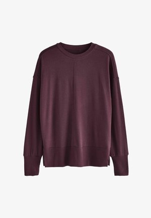 Burgunderfarbener Pullover mit langen Ärmeln aus weichem Stoff, mit gerippten Bündchen und Saum, leicht lockerer Passform und seitlichen Schlitzen.