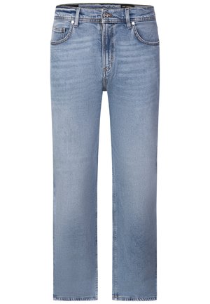 Lyseblå straight-leg jeans med forreste knap og lynlås, fem lommer og subtile falmede detaljer.