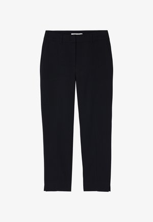 Pantalones negros hechos de una tela suave, con un diseño de pierna recta, dos bolsillos laterales y una sutil abertura lateral en el tobillo.