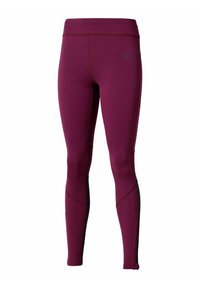 Leggings de sport bordeaux à pleine longueur avec des panneaux latéraux noirs et une taille haute, présentant un petit logo sur le haut de la cuisse.