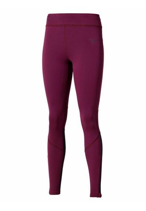 Leggings de sport bordeaux à pleine longueur avec des panneaux latéraux noirs et une taille haute, présentant un petit logo sur le haut de la cuisse.