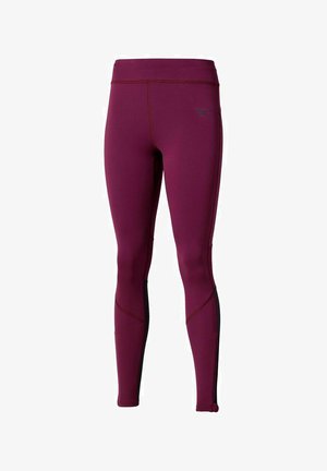 Bordeaux lange sportleggings met zwarte zijkanten en een hoge tailleband, met een klein logo op de bovenbenen.