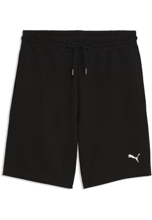 Czarne sportowe szorty z elastycznym paskiem w talii i sznurkiem, kieszeniami po bokach oraz białym logo Puma na dolnej lewej nodze.