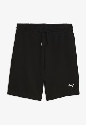 Czarne sportowe szorty z elastycznym paskiem w talii i sznurkiem, kieszeniami po bokach oraz białym logo Puma na dolnej lewej nodze.