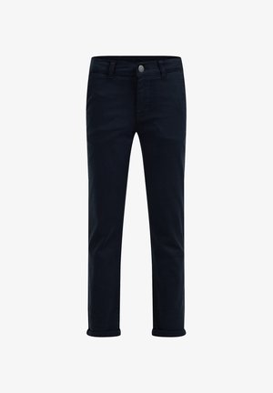 Pantalon slim-fit bleu marine foncé avec passants de ceinture, fermeture avant à boutons et revers retroussés, présenté sur fond blanc.