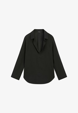 Blusa nera a maniche lunghe con scollo a V profondo e collo, con orlo arrotondato e vestibilità ampia.