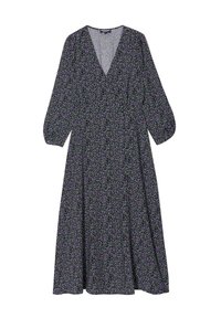 Blumenkleid aus leichtem schwarzem Stoff, mit lila und weißen Blumen, langen Ärmeln, einem V-Ausschnitt und einer fließenden A-Linie.