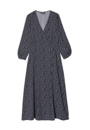 Blumenkleid aus leichtem schwarzem Stoff, mit lila und weißen Blumen, langen Ärmeln, einem V-Ausschnitt und einer fließenden A-Linie.