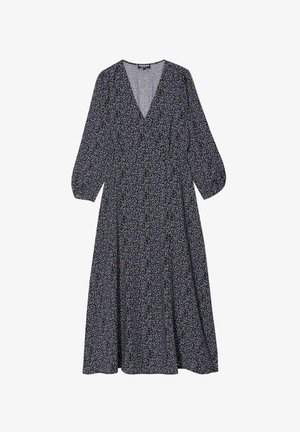 Blumenkleid aus leichtem schwarzem Stoff, mit lila und weißen Blumen, langen Ärmeln, einem V-Ausschnitt und einer fließenden A-Linie.